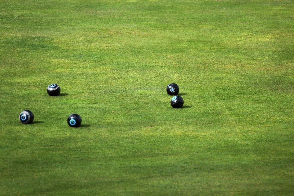 Bowling green with bowls.